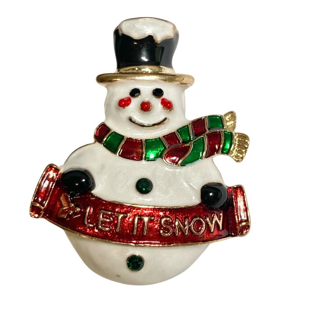 Vintage Snowman Christmas Pin Brooch Enamel Crystal LET IT SNOW Cute Holiday